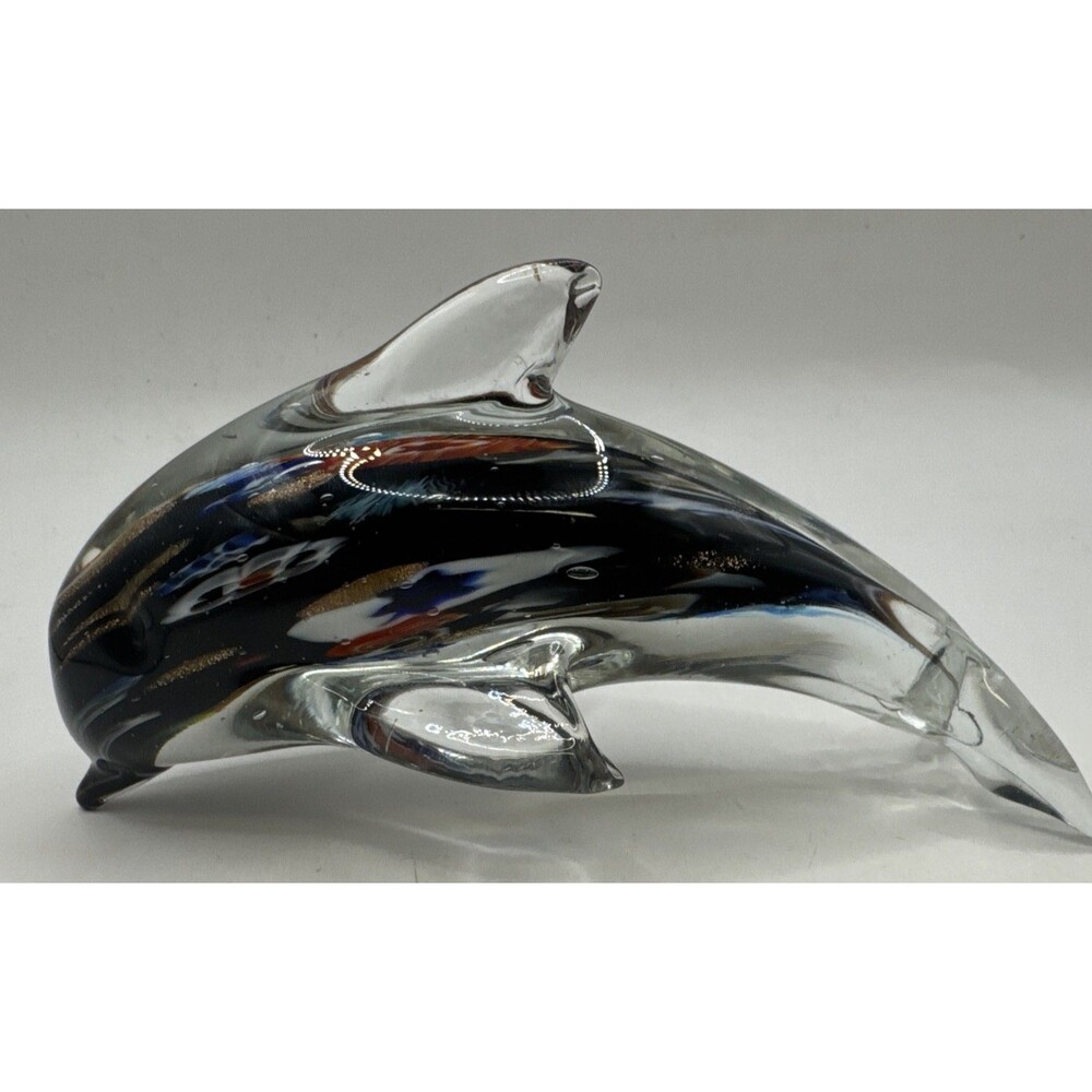 Murano style Art Glass Dolphin Paperweight Gold Blue Red Millefiori